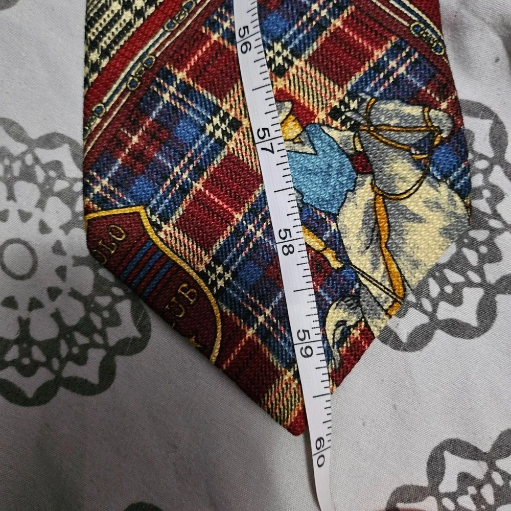 Vintage Plaid Polo Equestrian Tie Horse Paolo Rossi Italian Designer Red Blue